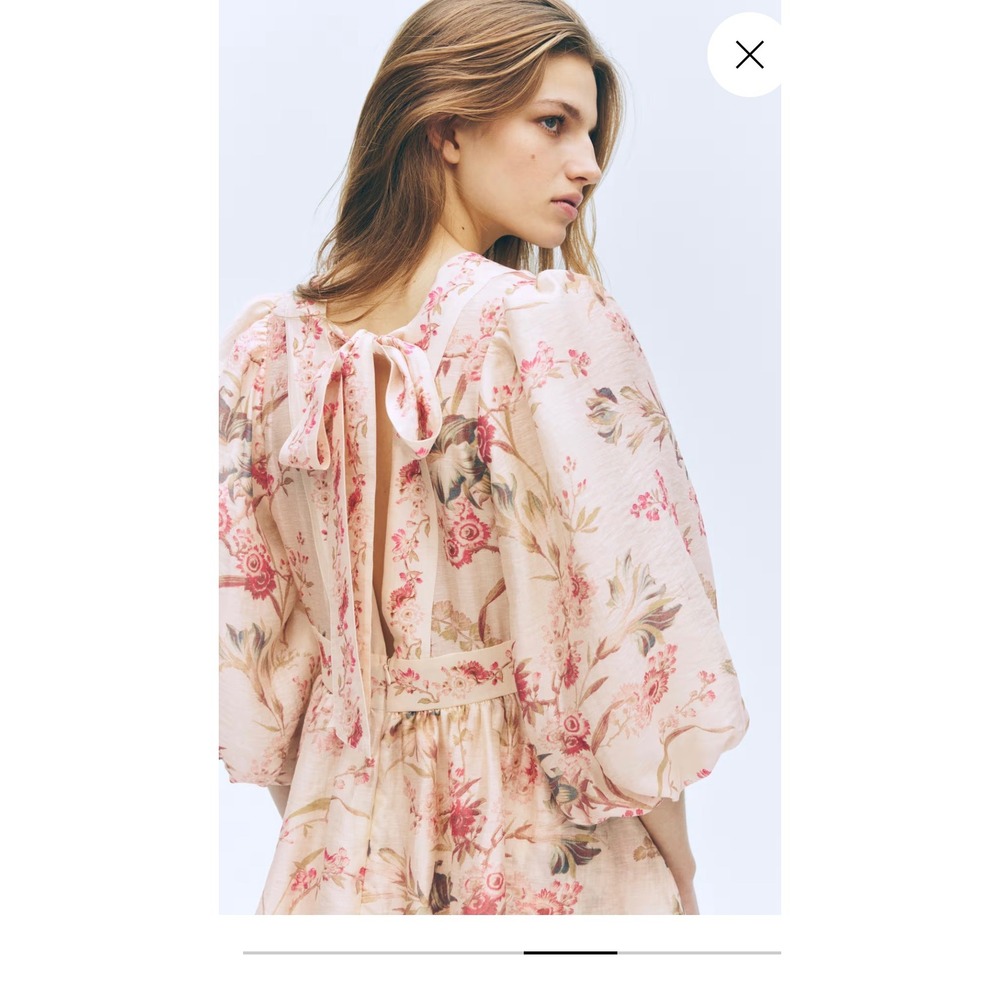Floral Linen Blend Tiered Mini Dress Puff Sleeve Open Back Tie Pink Cream - Picture 2 of 10